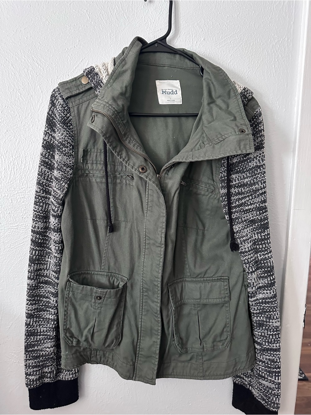 Mudd Olive Green Utility Jacket with Black & White Knit Sleeves